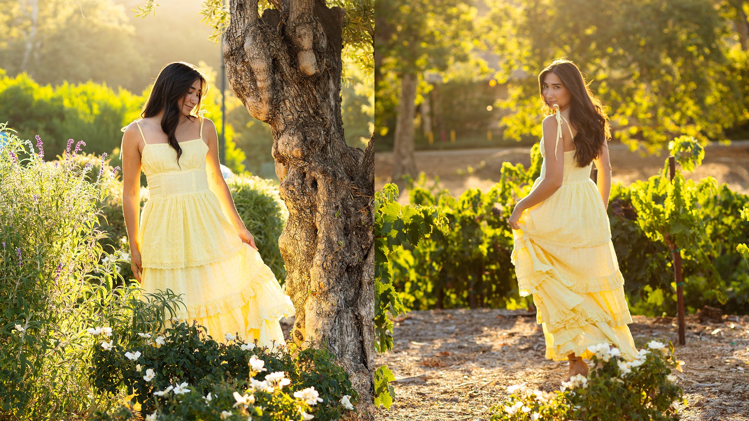 Florence maxi dress in butter yellow with shiffli embroidery, square neckline and tiered skirt