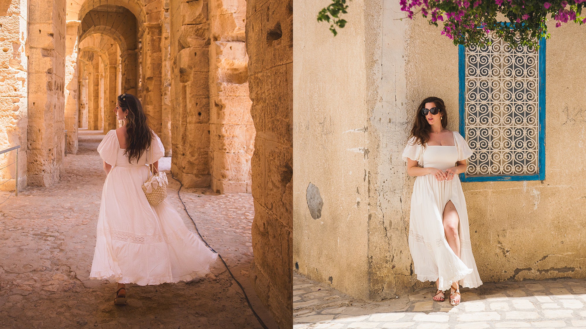 Woman wearing white Cocopiña Alma Maxi Dress with smocked bodice and lace puff sleeves in European town street, sustainable travel fashion