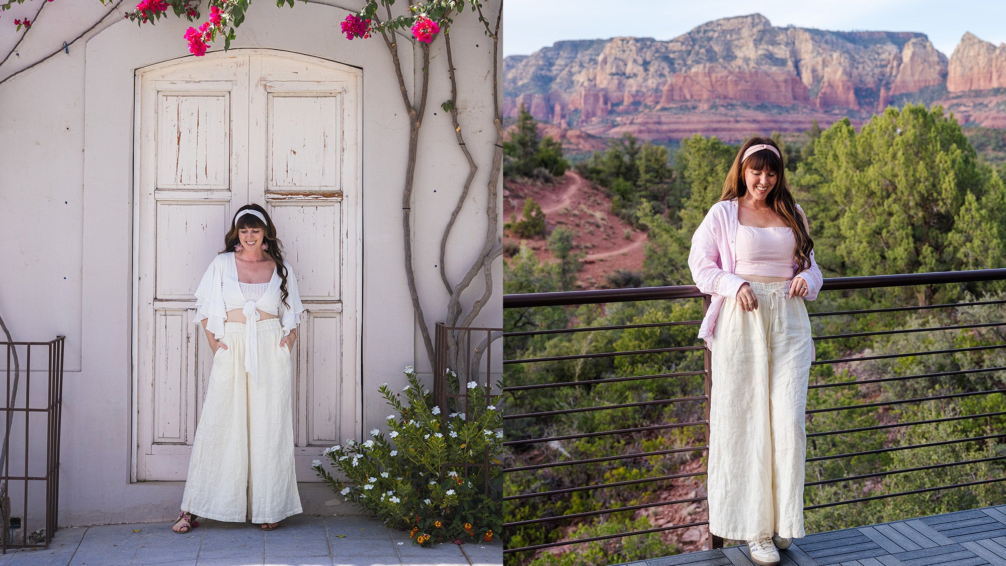 Woman wearing Cocopiña sustainable linen ensemble with wide-leg pants and boho shirt in European travel setting, ethically crafted for adventure-ready explorers