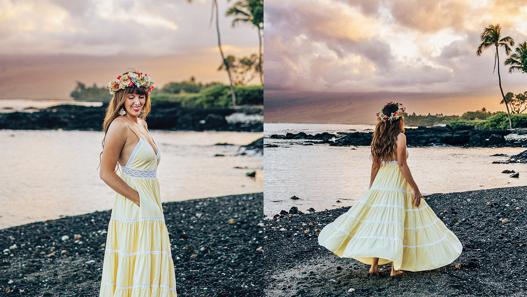 Woman wearing butter yellow Cocopiña Sicilia Maxi Dress with halter V-neck and lace details on Hawaiian beach, sustainable travel fashion