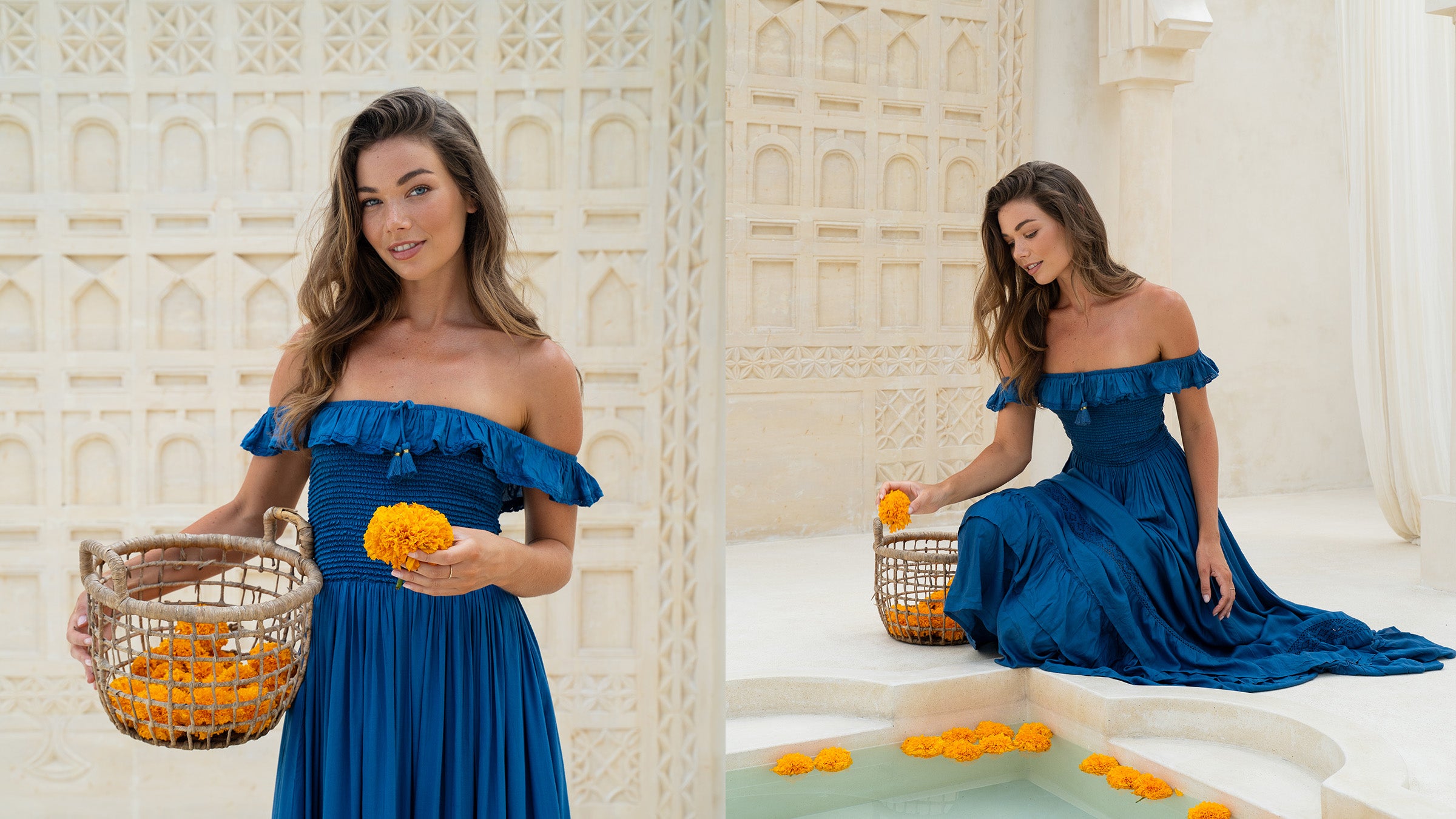 Woman in a blue dress holding oranges in a decorative room with white walls and architectural details.