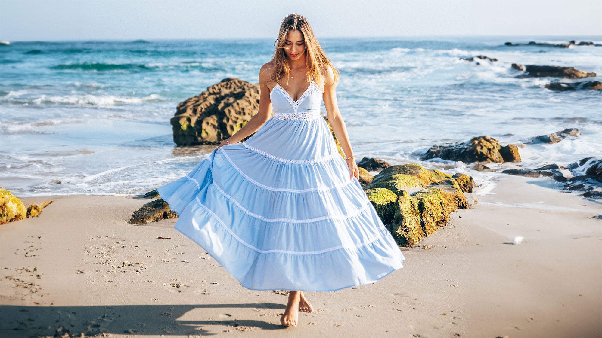 Sicilia Lace Maxi Dress | Sky Blue | Boho Chic Dresses with Pockets by Cocopiña