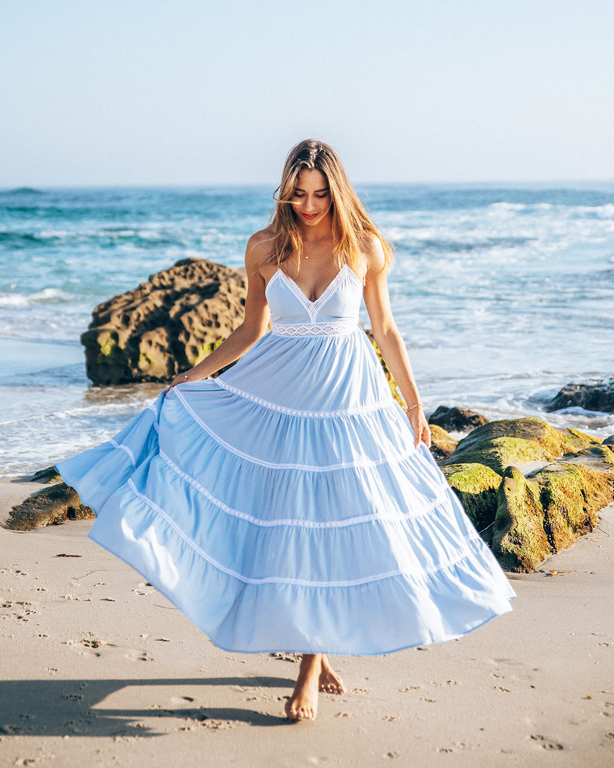 Sicilia Lace Maxi Dress | Sky Blue | Boho Chic Dresses with Pockets by Cocopiña