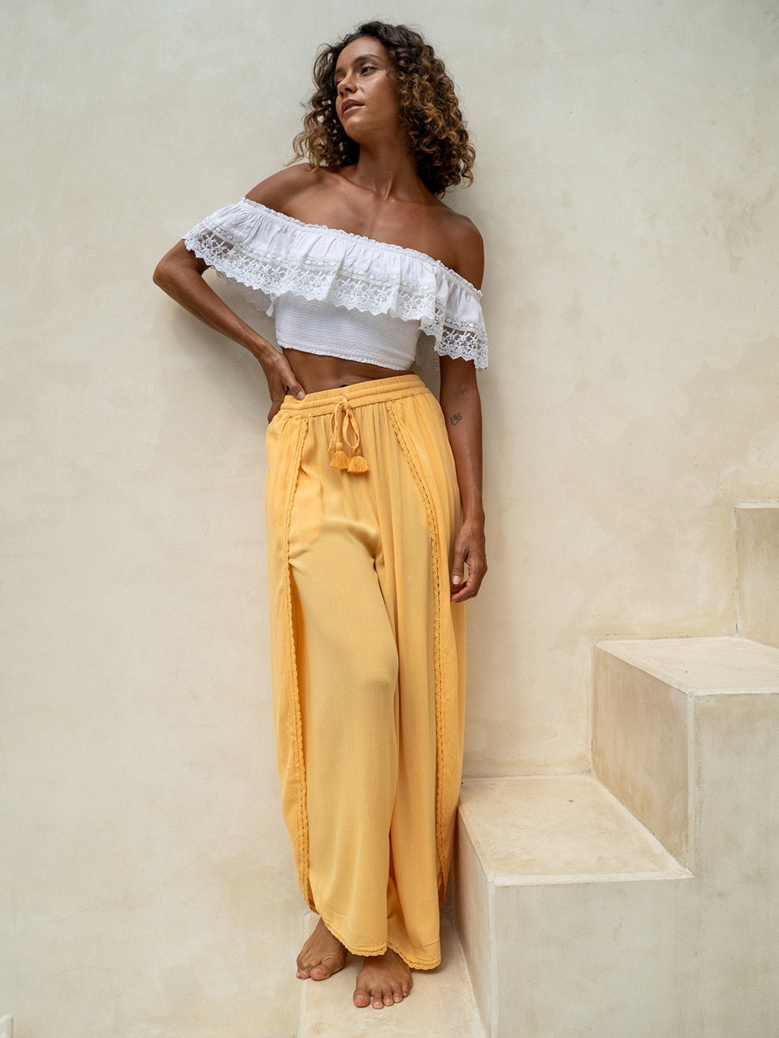 Amalfi Open Side Pants — Wide-Leg, Lace Trim — Cocopiña