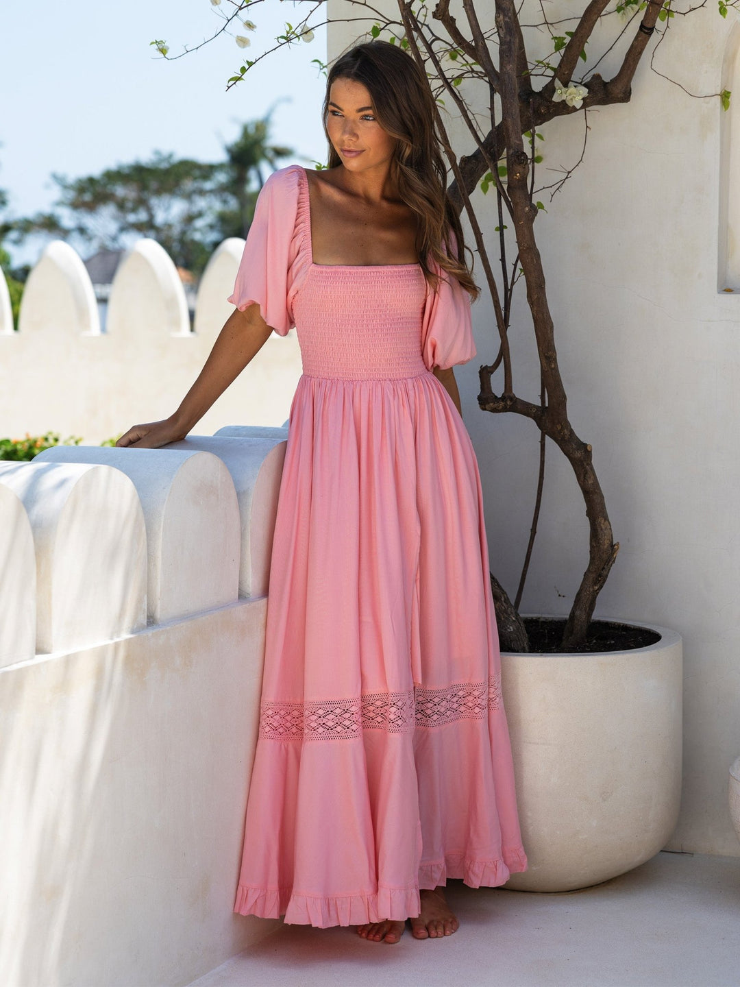 artisanal pink maxi dress Pink Bloom Maxi Dress - Hand Block Printed Cotton