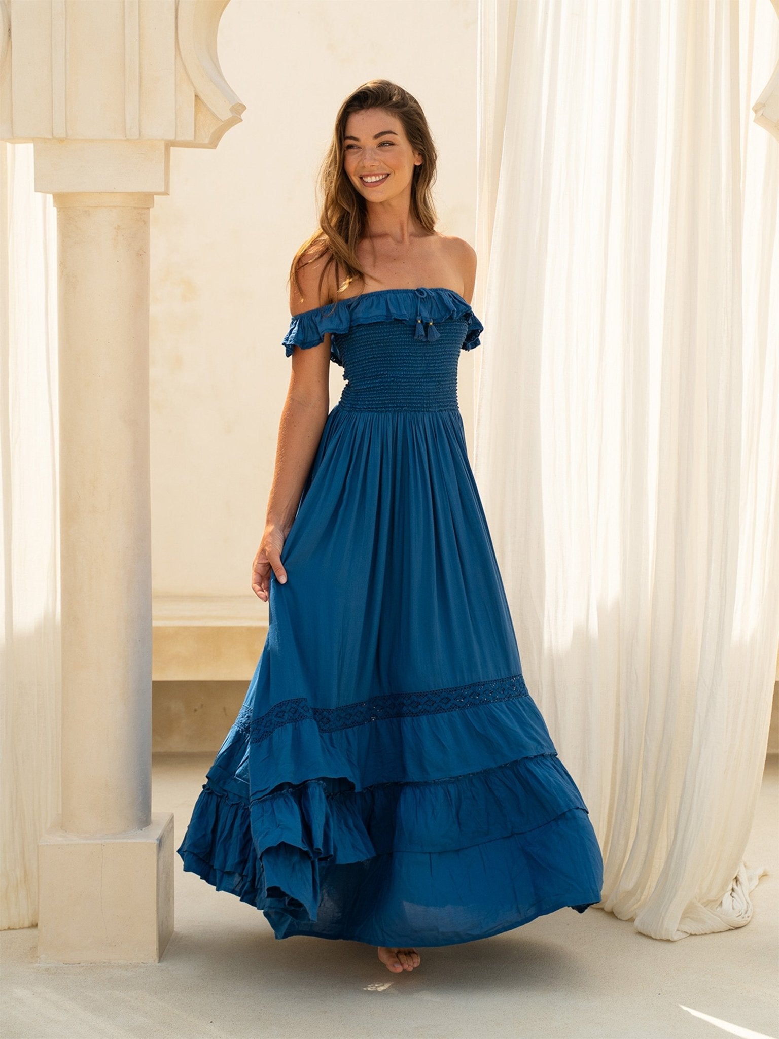 Aria Maxi Dress — Off-Shoulder Smocked Maxi — Cocopiña