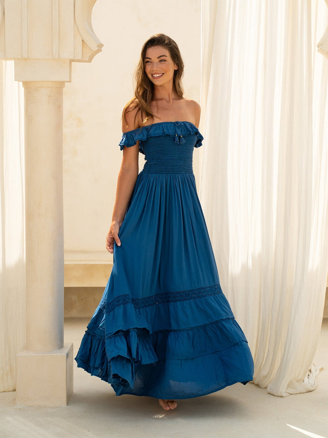 blue off shoulder maxi dress Alexandra Blue Indigo Off Shoulder Maxi Dress