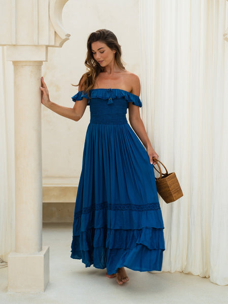 Aria Maxi Dress – Boho, Smocked, Lace, Pockets