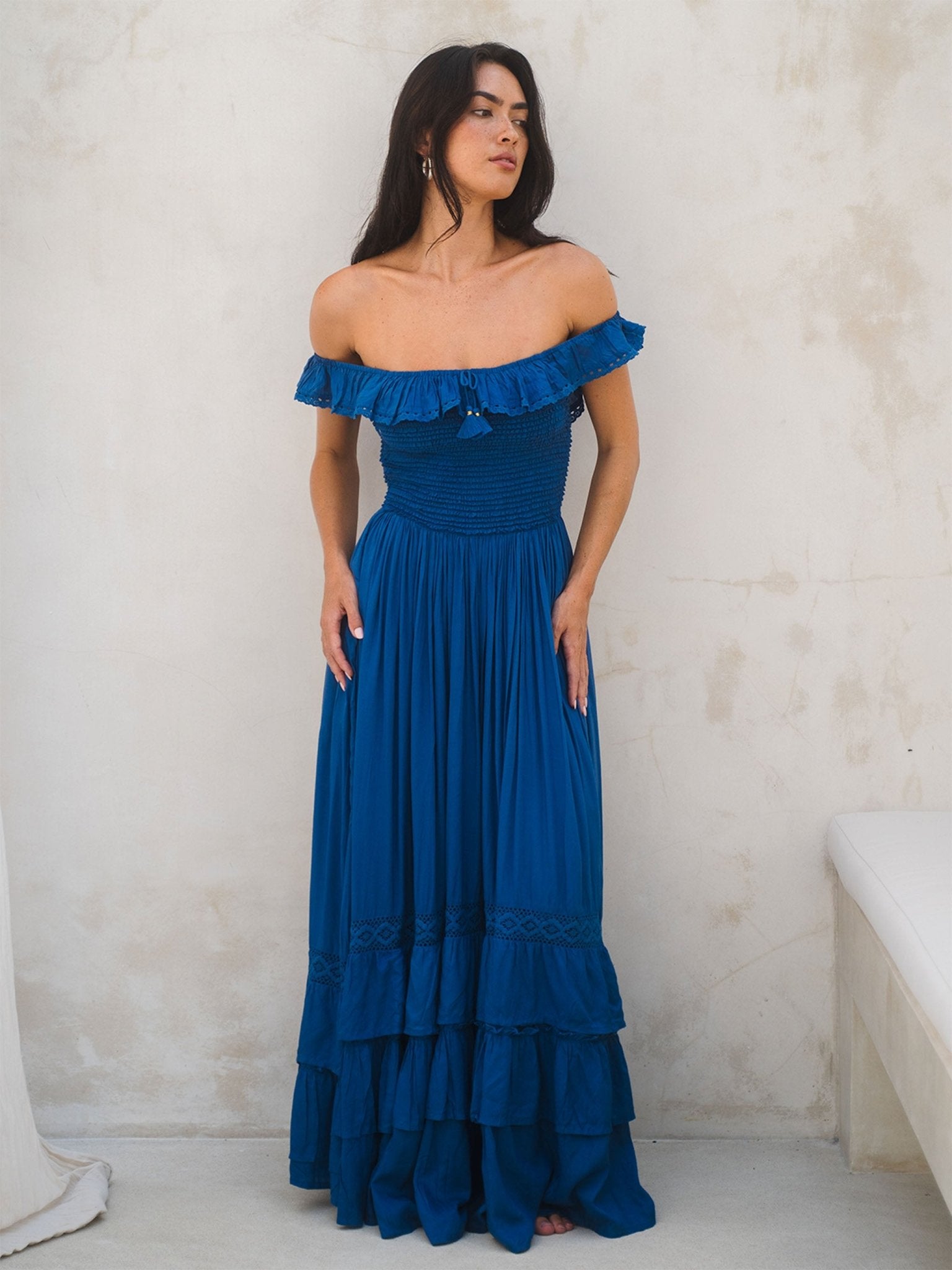 Aria Maxi Dress — Off-Shoulder Smocked Maxi — Cocopiña