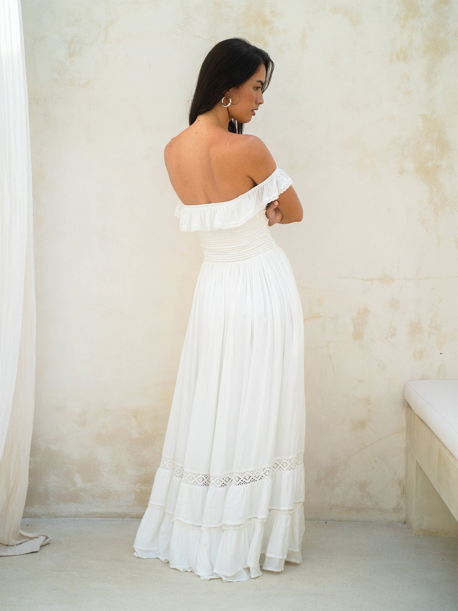 Aria Maxi Dress — Off-Shoulder Smocked Maxi — Cocopiña