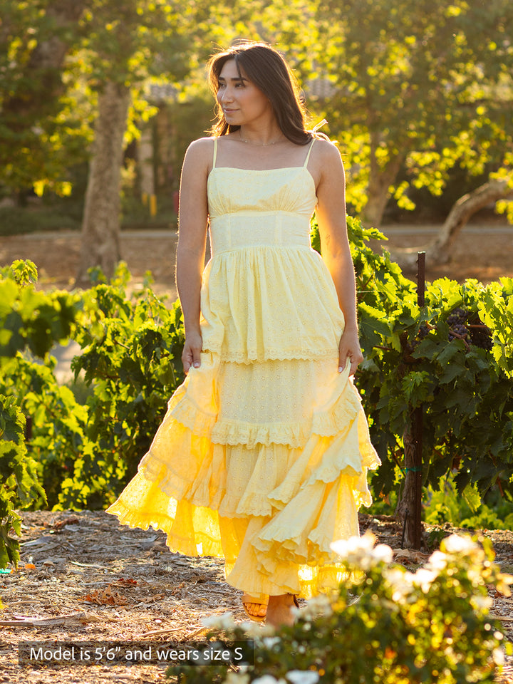 Florence maxi dress in butter yellow with shiffli embroidery, square neckline and tiered skirt