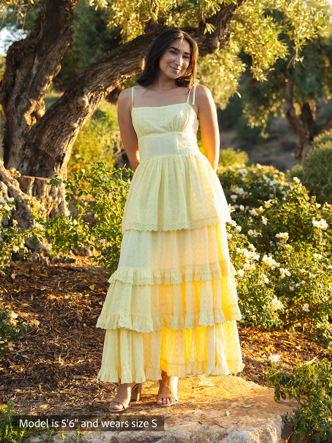 Florence maxi dress in butter yellow with shiffli embroidery, square neckline and tiered skirt