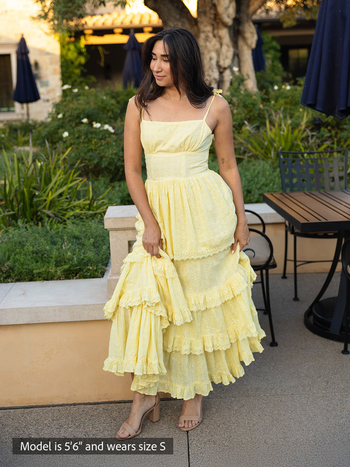 Florence maxi dress in butter yellow with shiffli embroidery, square neckline and tiered skirt