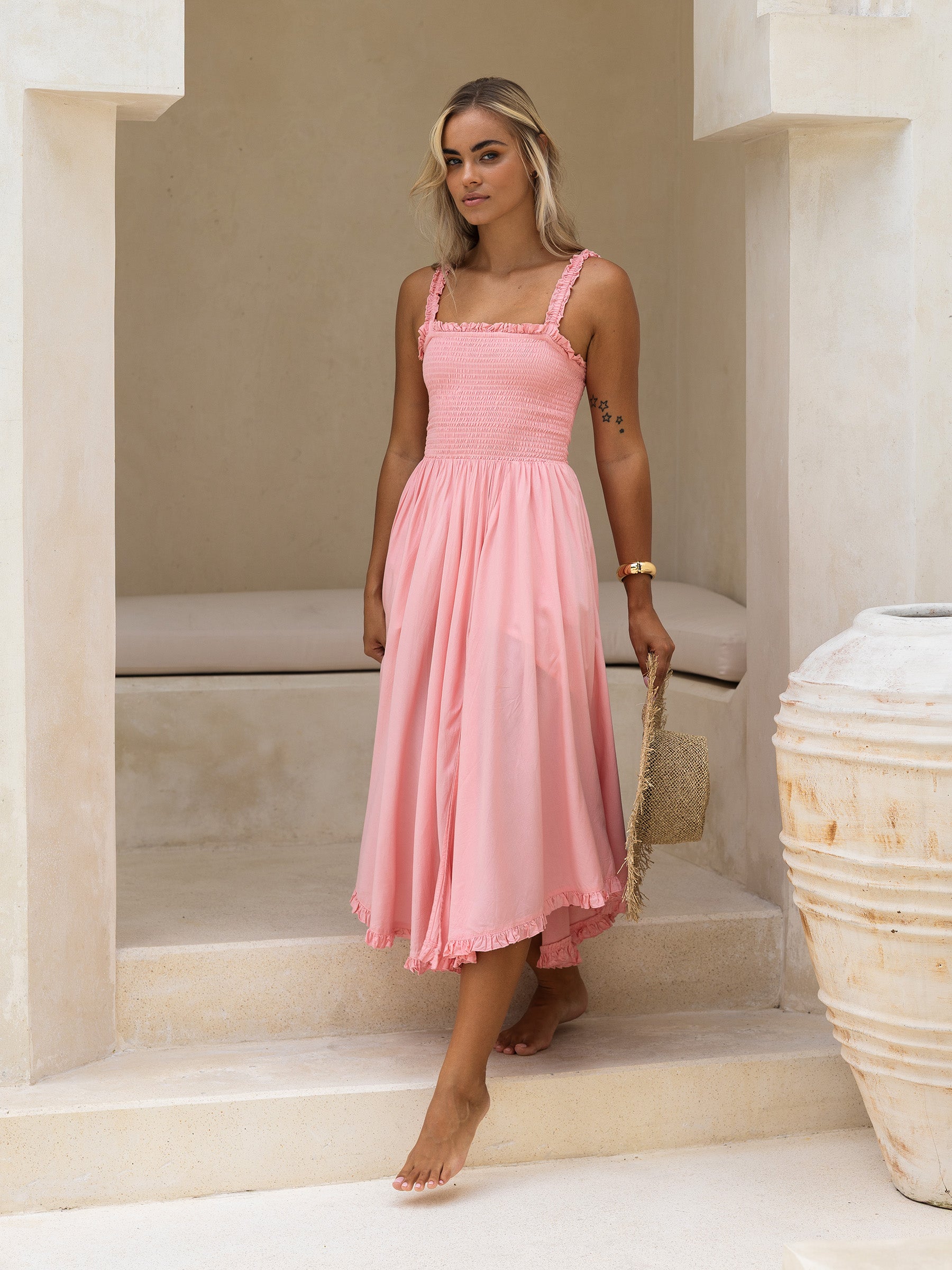 Athena Midi Dress – Boho-Chic, Smocked, Pockets | Cocopiña