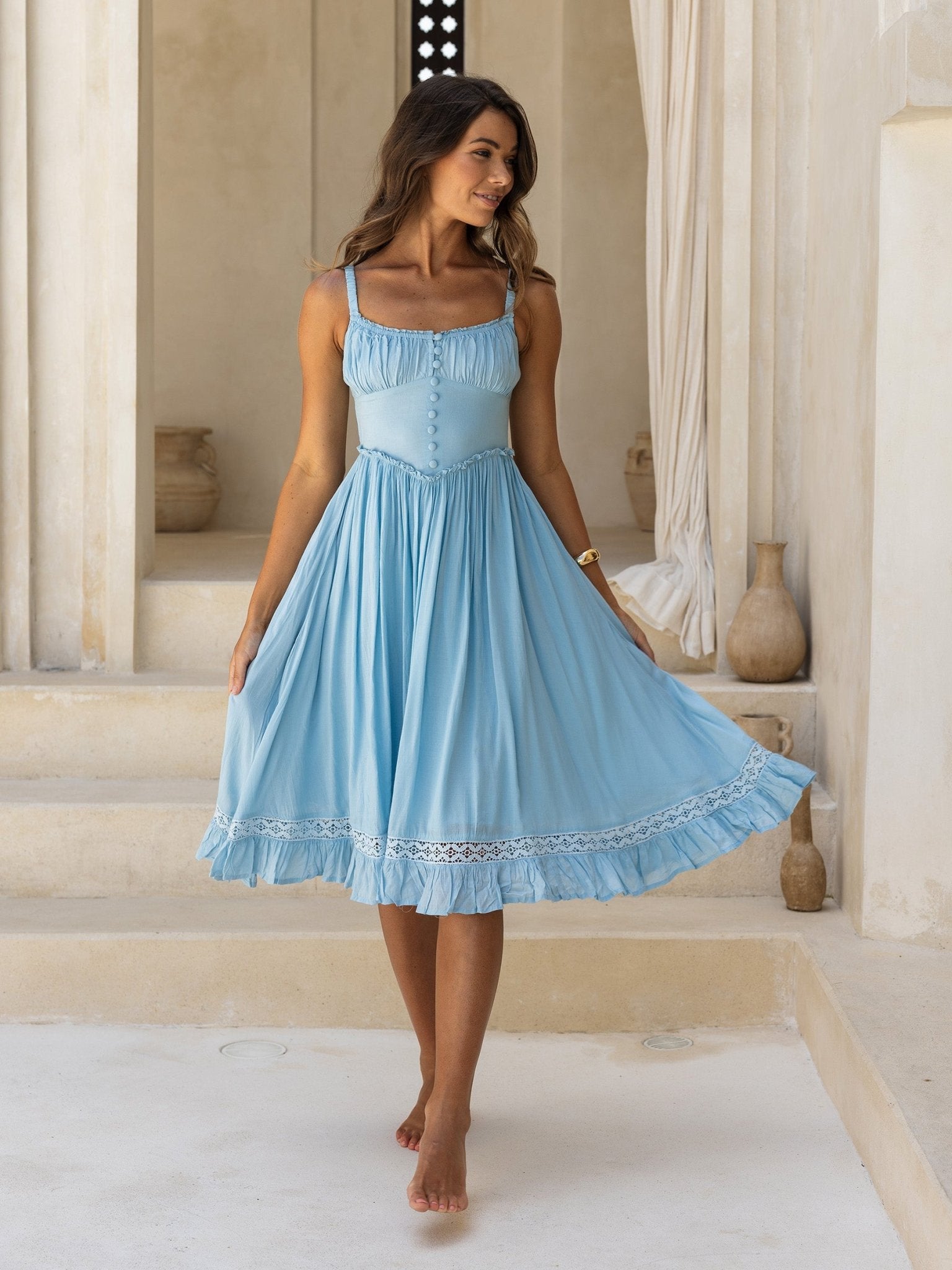 Rose Midi Dress — Basque Waist, Lace Hem — Cocopiña