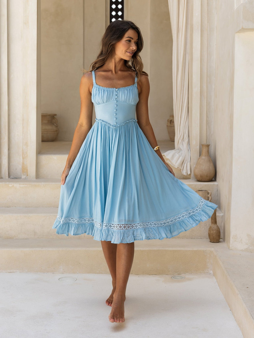 Rose Midi Dress — Basque Waist, Lace Hem — Cocopiña