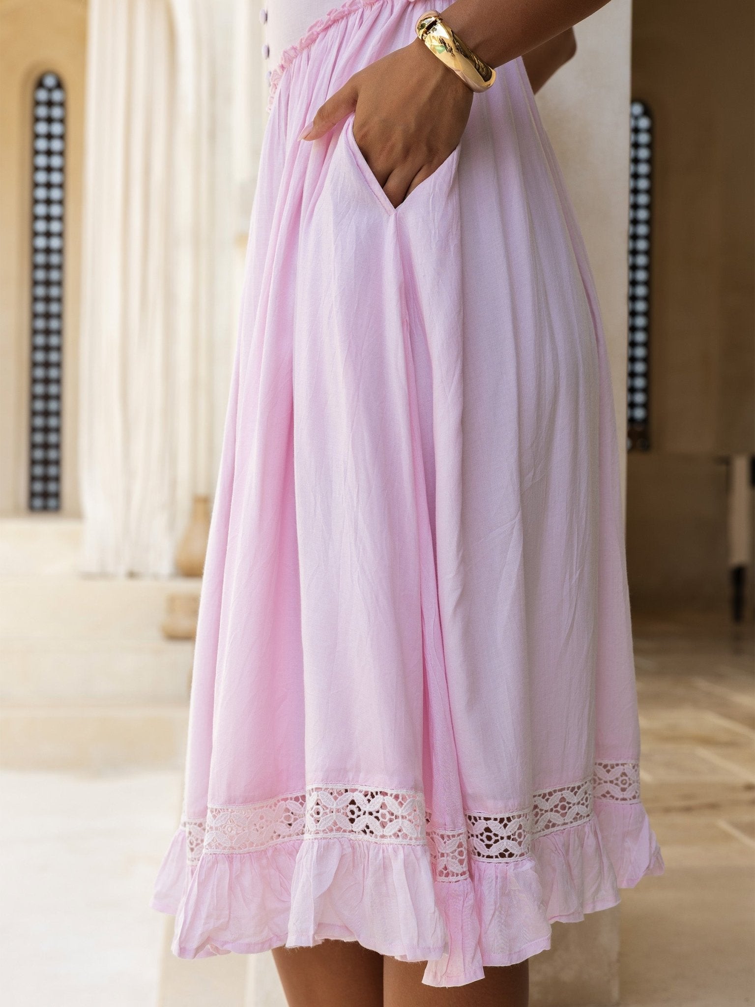 Rose Midi Dress — Basque Waist, Lace Hem — Cocopiña