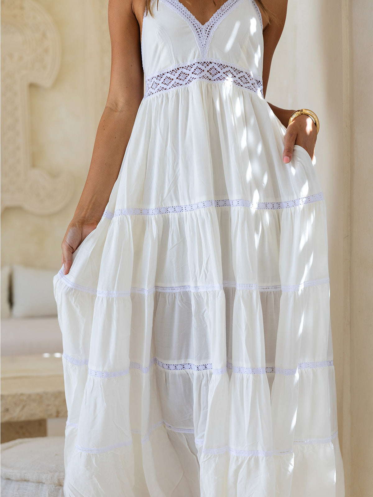 Sicilia Maxi Dress – Boho Halter, Lace, Pockets | Cocopiña