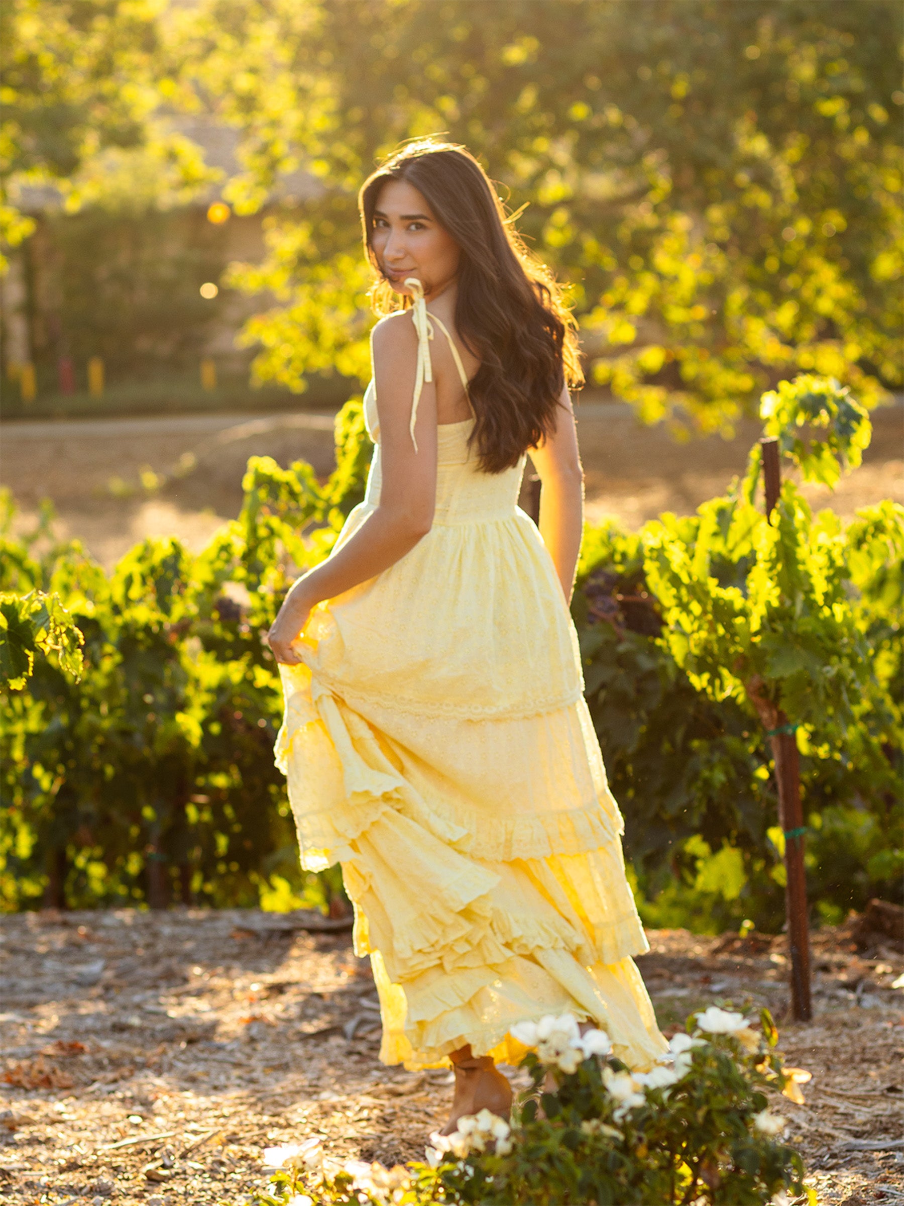 Florence maxi dress butter yellow shiffli embroidery tiered bohemian sustainable fashion