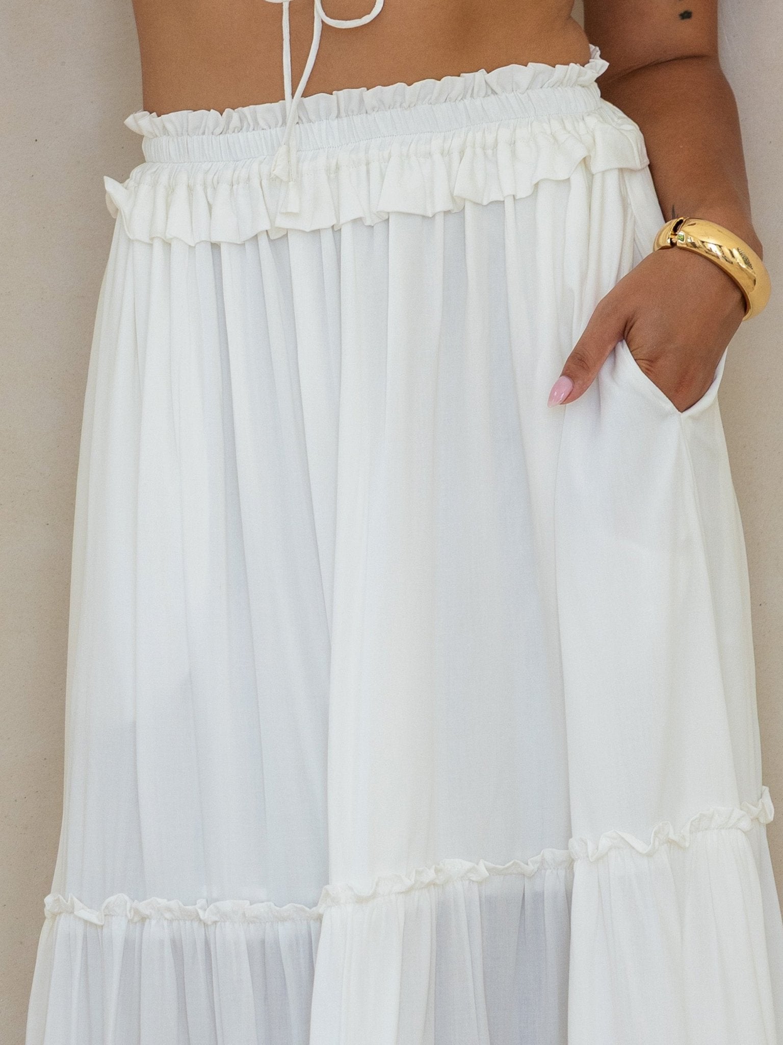 Tera Maxi Skirt — Tiered, Hidden Pockets — Cocopiña