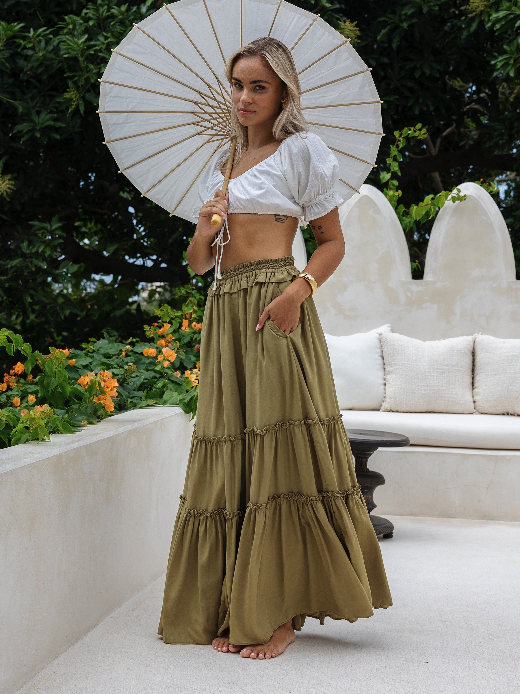 Tera Maxi Skirt – Boho-Chic, Tiered, Pockets | Cocopiña