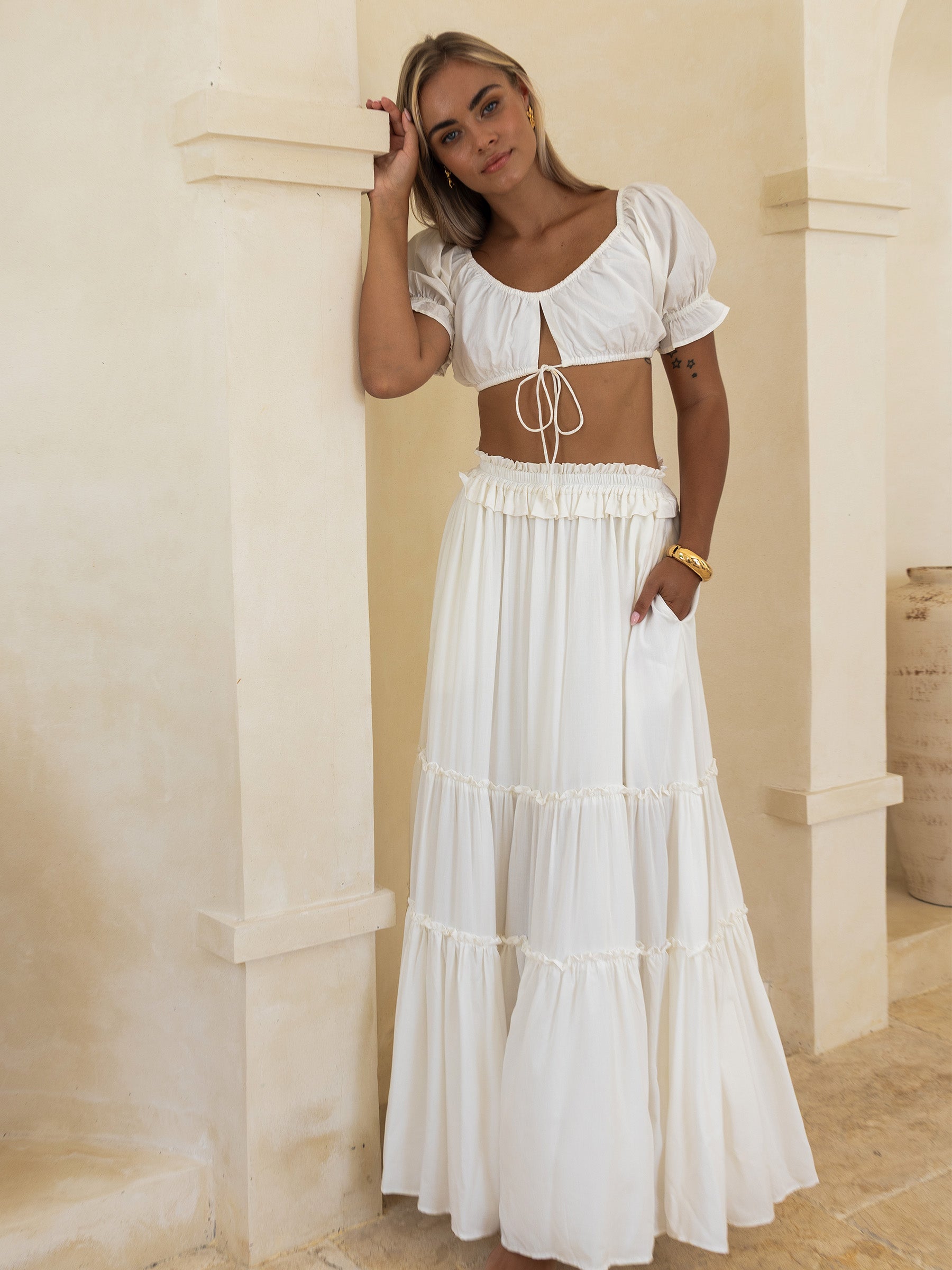 Tera Maxi Skirt – Boho-Chic, Tiered, Pockets | Cocopiña