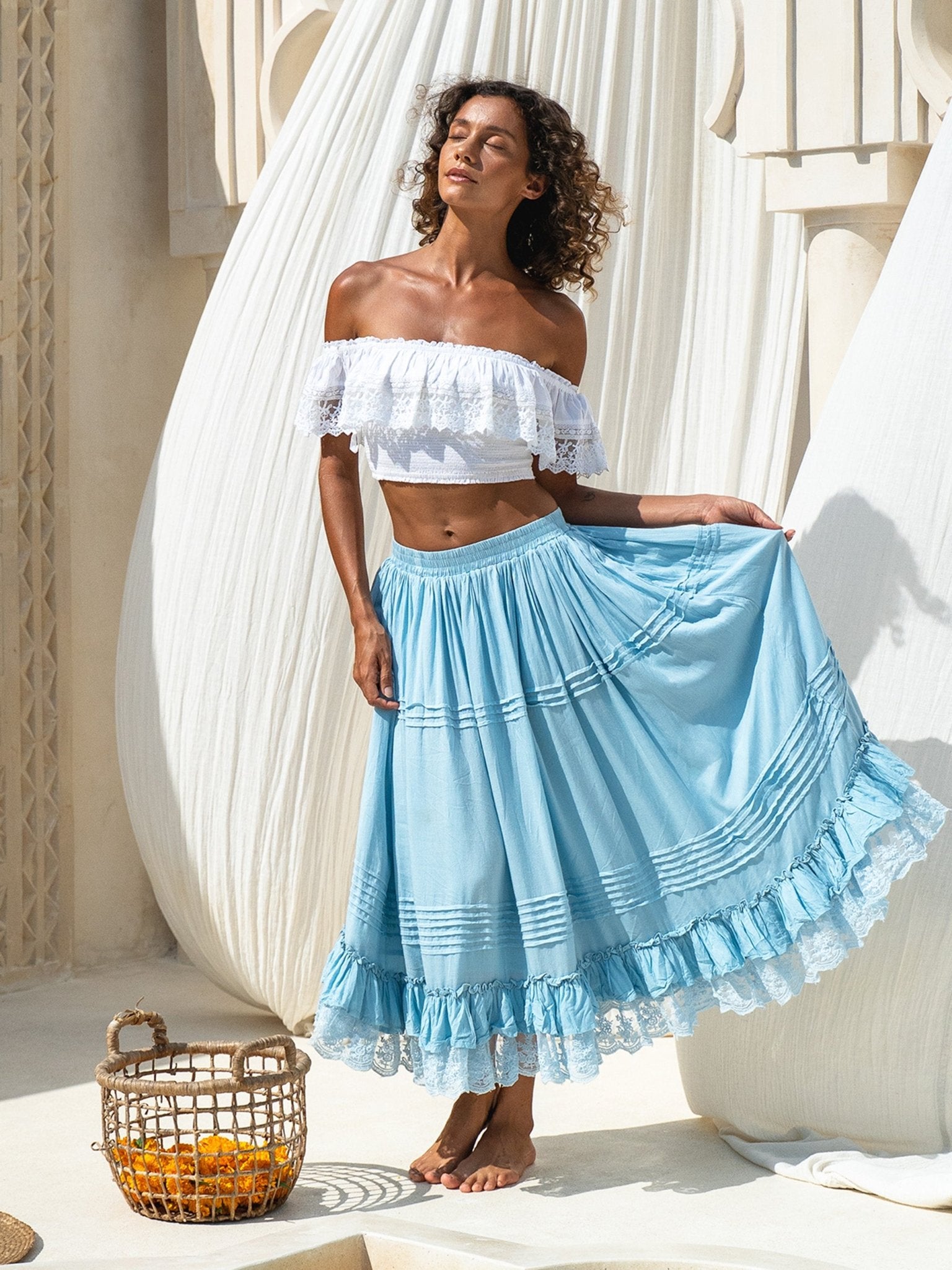 Dahlia Midi Skirt — Tiered Silhouette, Lace Hem — Cocopiña