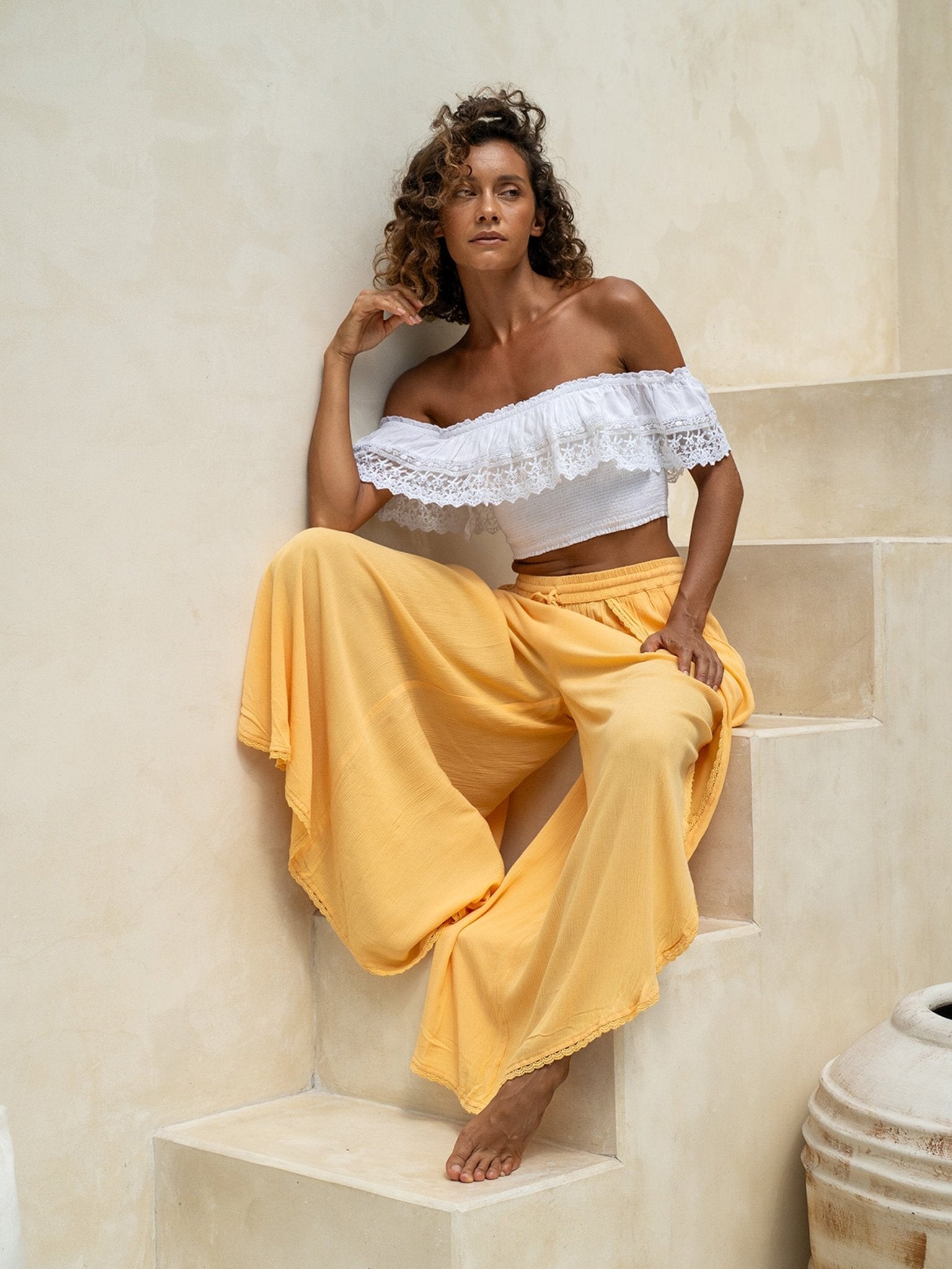 Isabella Crop Top — Smocked, Off-Shoulder, Lace Trim — Cocopiña
