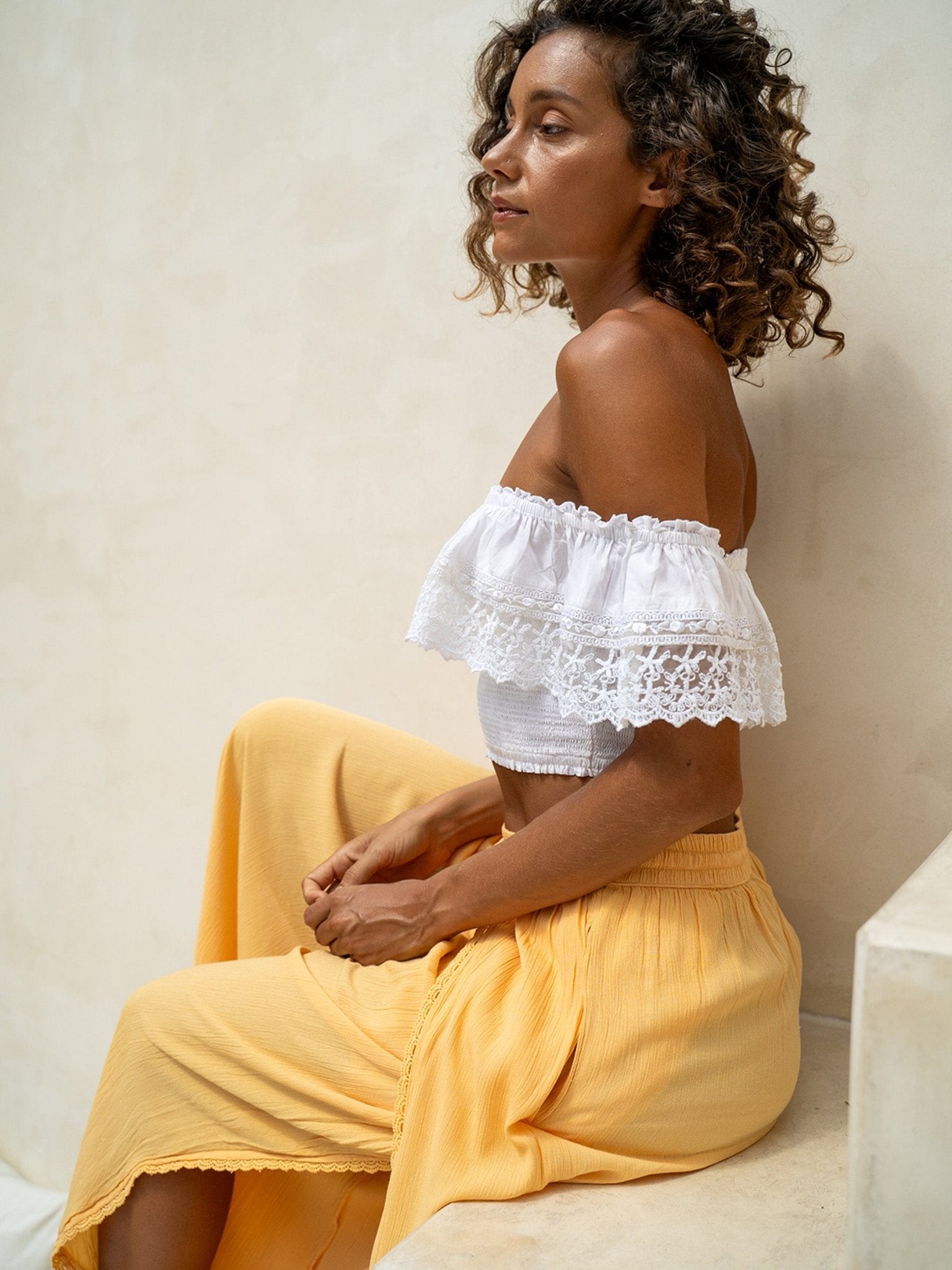 Isabella Crop Top — Smocked, Off-Shoulder, Lace Trim — Cocopiña