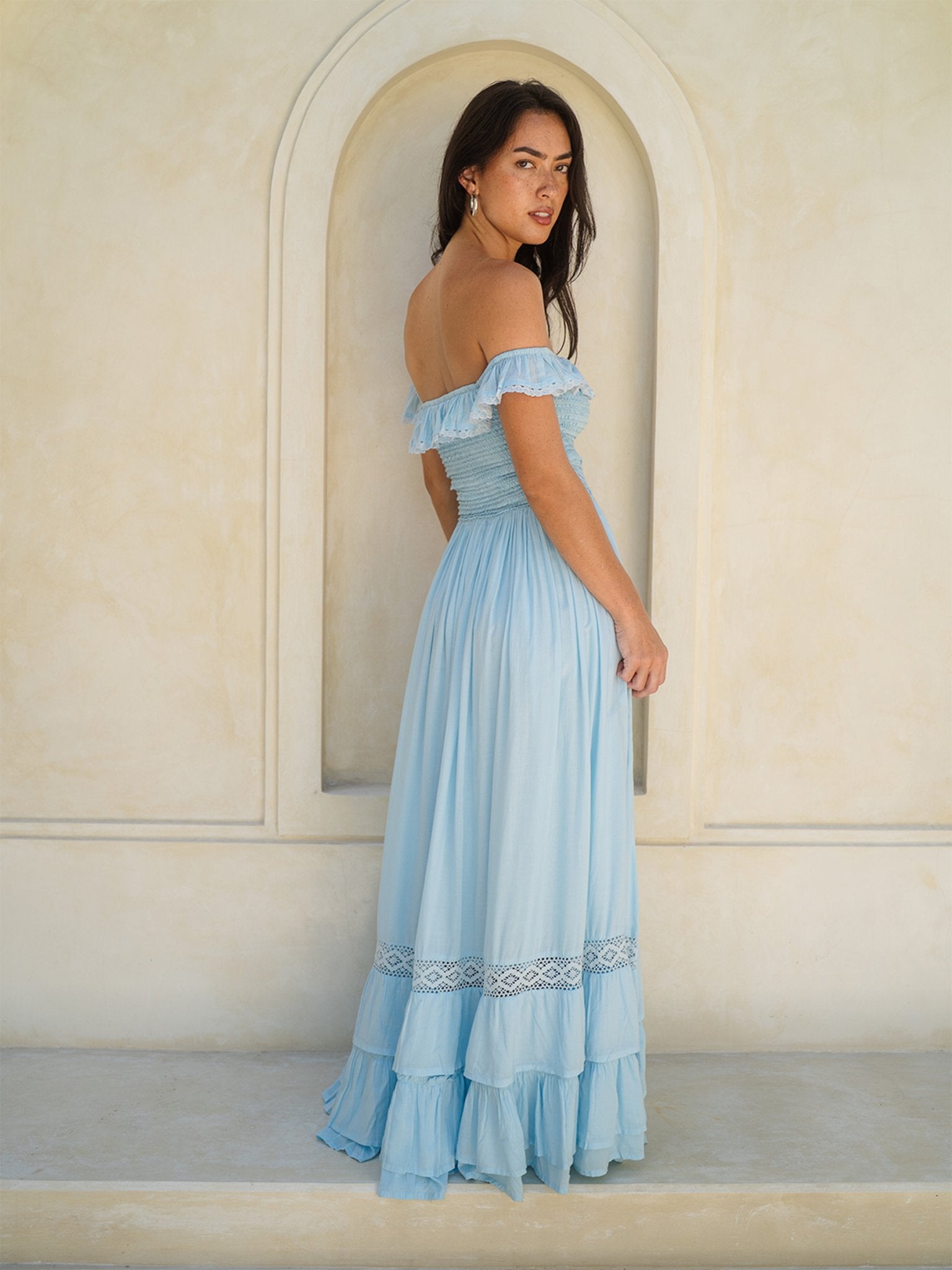 Aria Maxi Dress — Off-Shoulder Smocked Maxi — Cocopiña