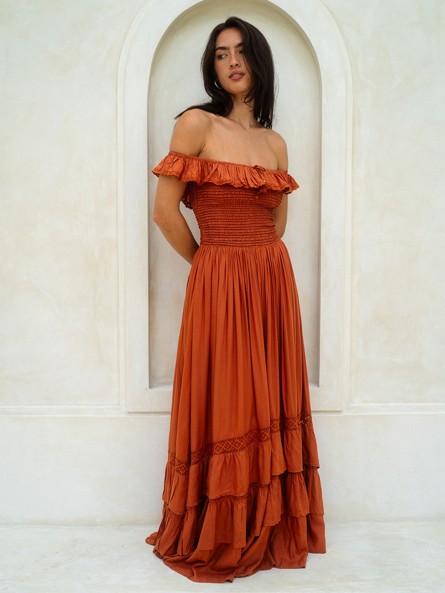 Aria Maxi Dress — Off-Shoulder Smocked Maxi — Cocopiña