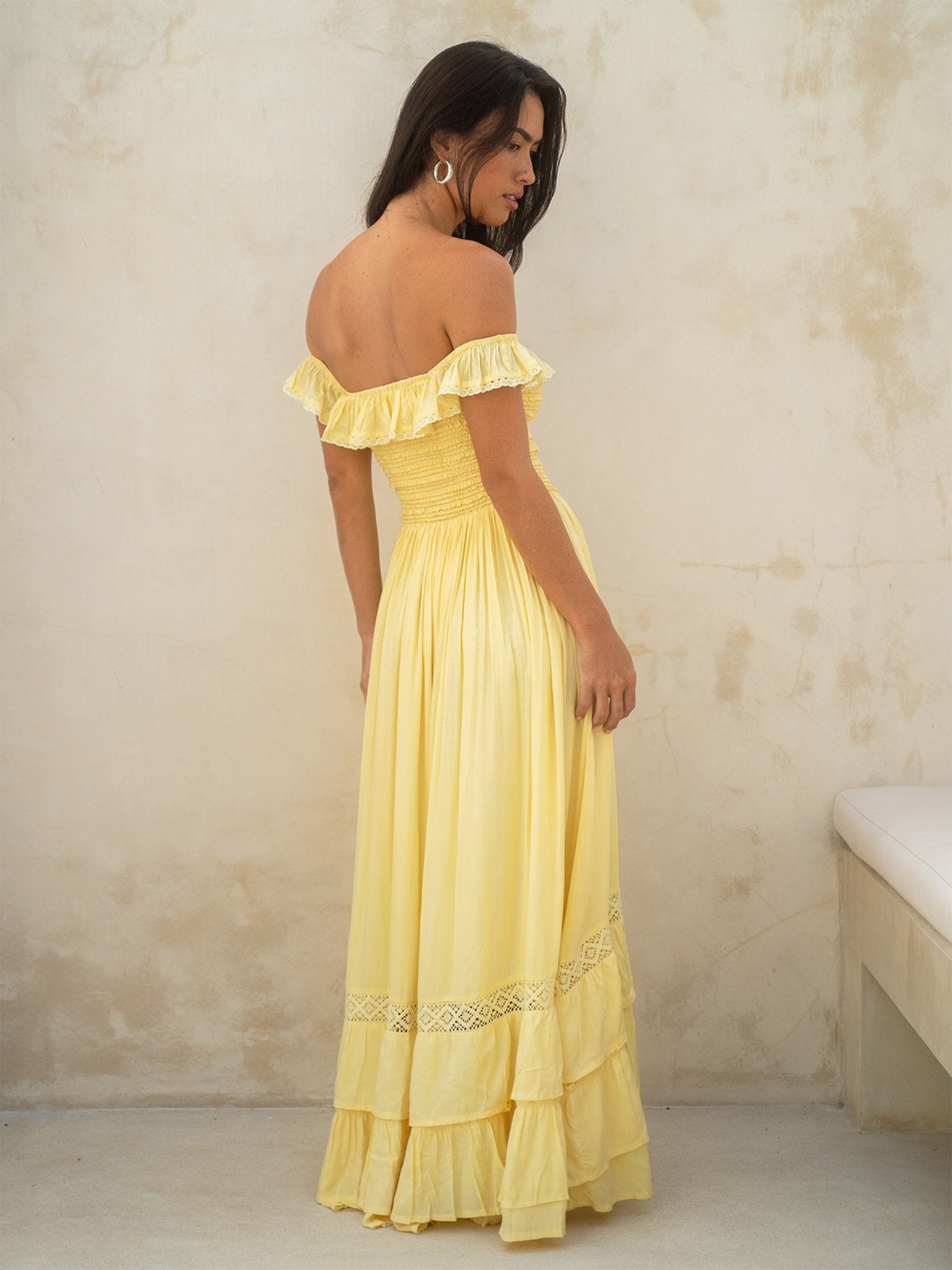 Aria Maxi Dress — Off-Shoulder Smocked Maxi — Cocopiña