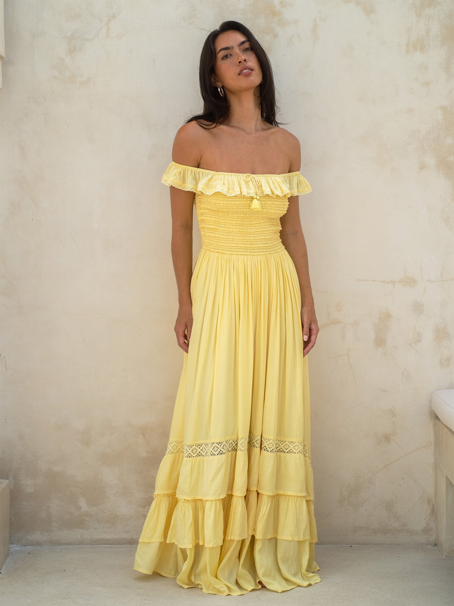 Aria Maxi Dress — Off-Shoulder Smocked Maxi — Cocopiña