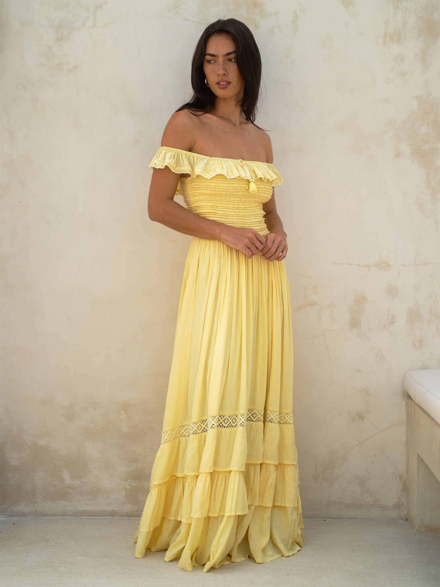 Aria Maxi Dress — Off-Shoulder Smocked Maxi — Cocopiña