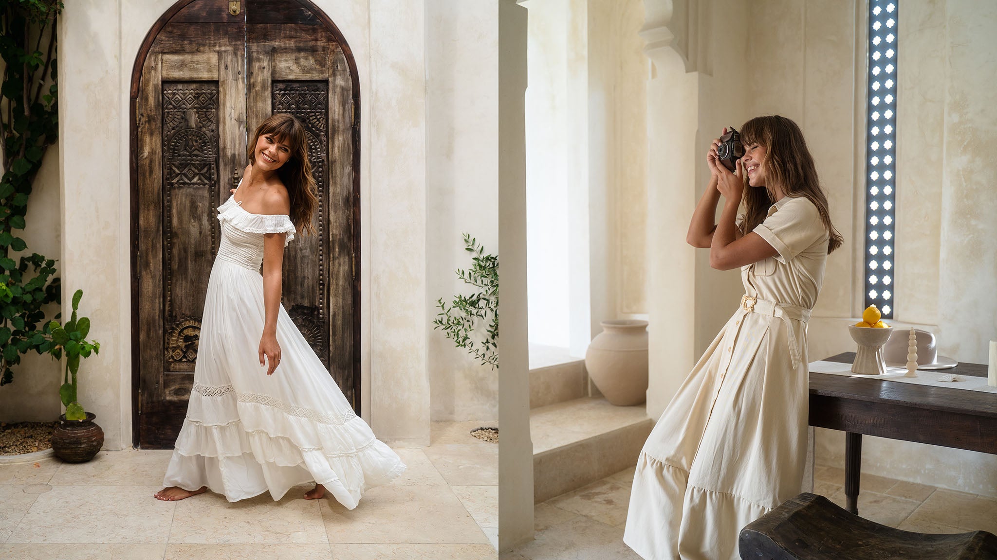 Woman in a white dress standing in a bright, elegant room with large windows and decorative elements.