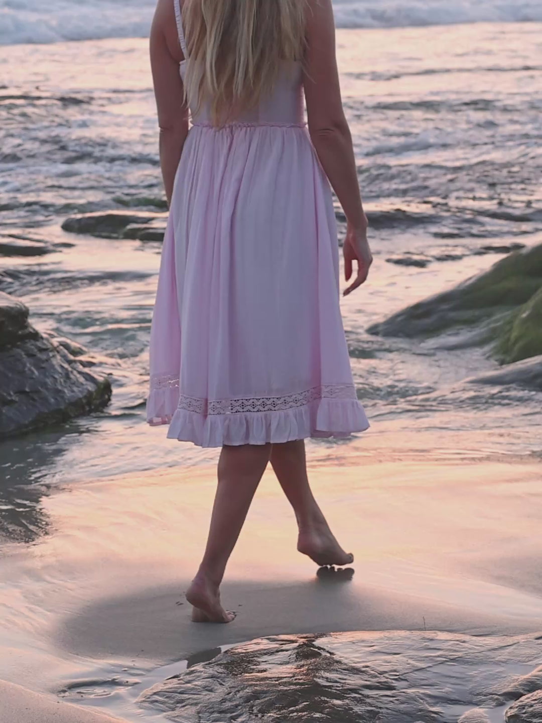 light Pink midi dress with parially smocked bodice, V-cut waistline, lace details and side pockets