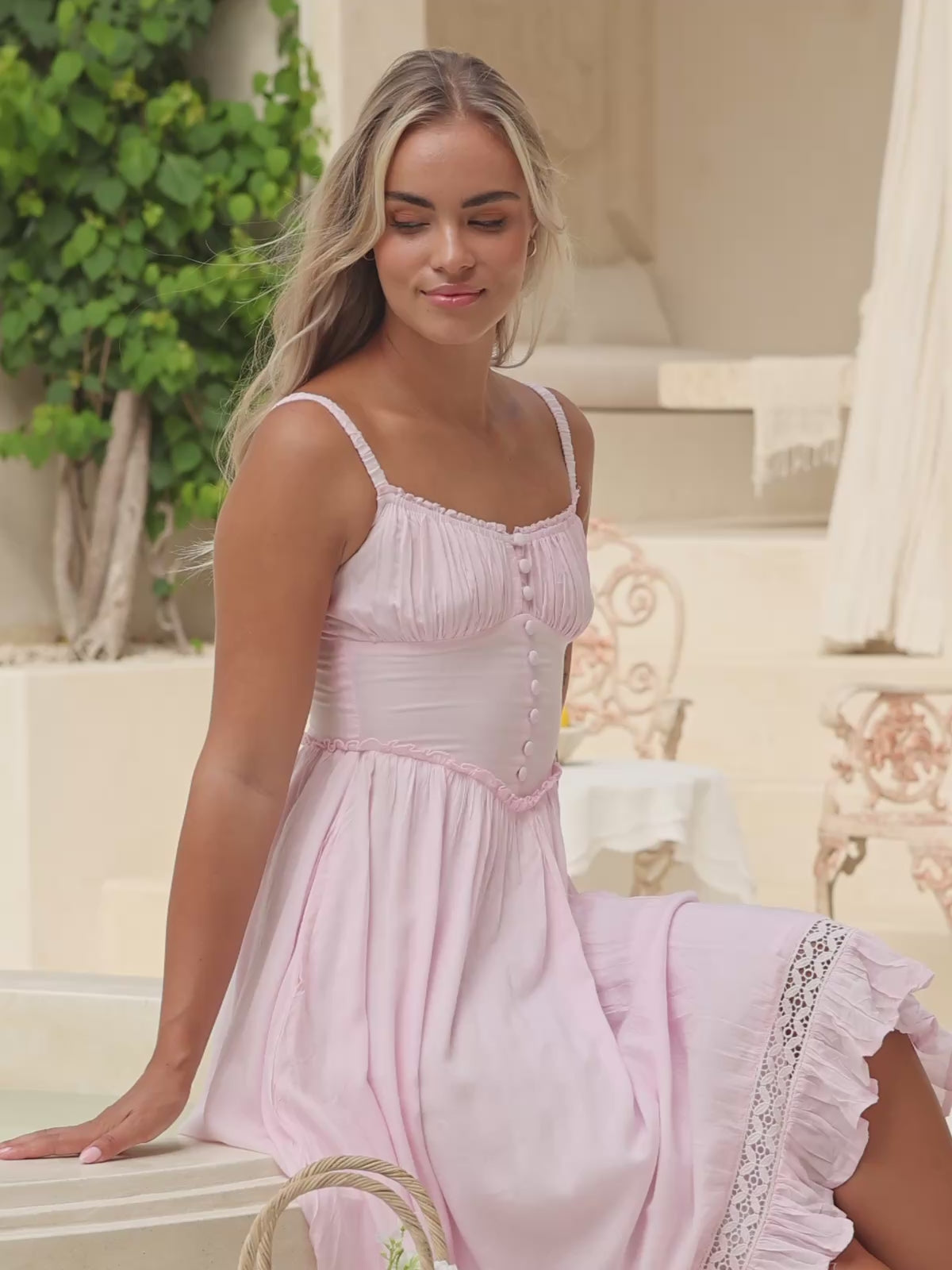 Rose Midi Dress — Basque Waist, Lace Hem — Cocopiña