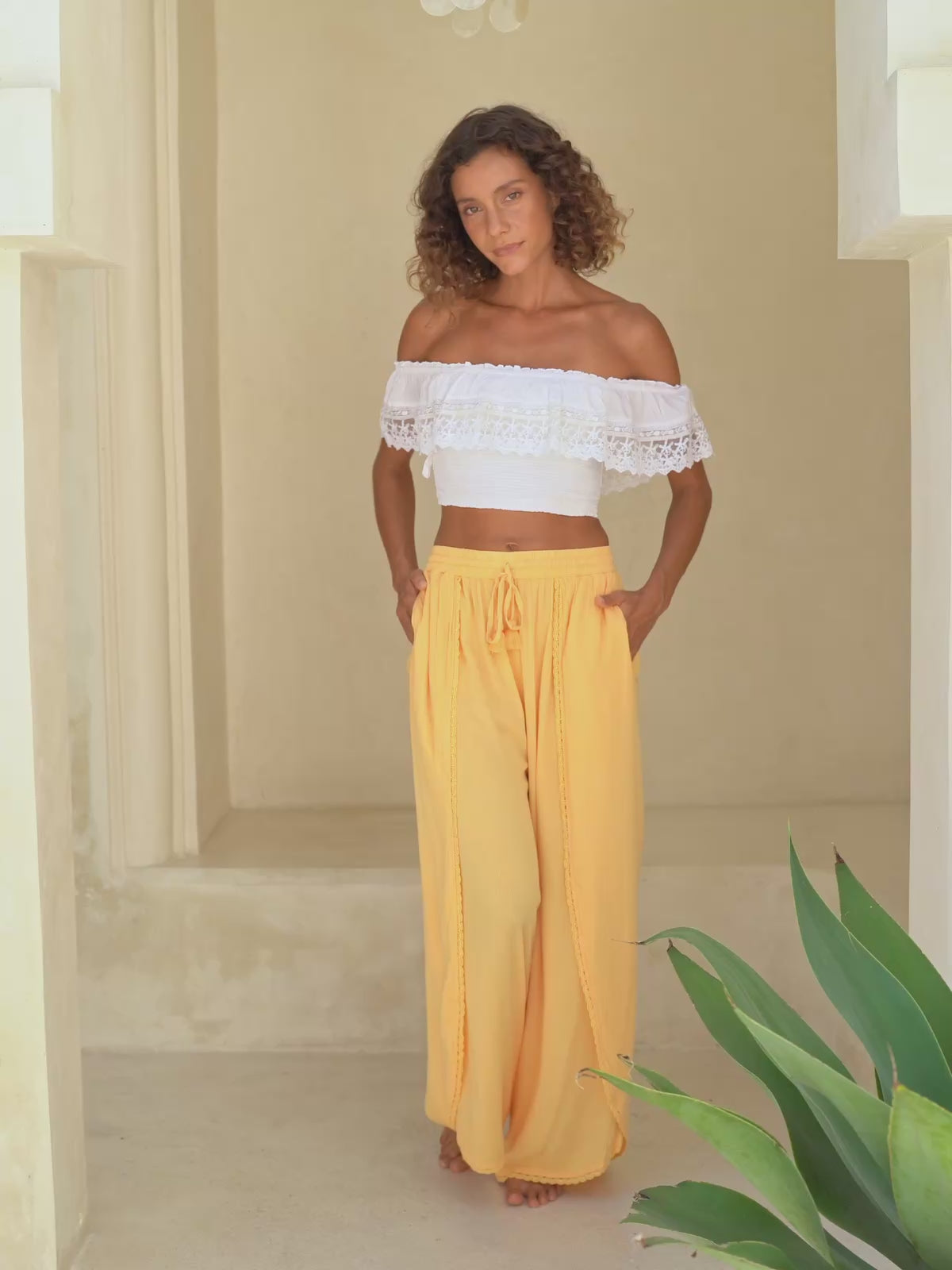 Amalfi Open Side Pants — Wide-Leg, Lace Trim — Cocopiña