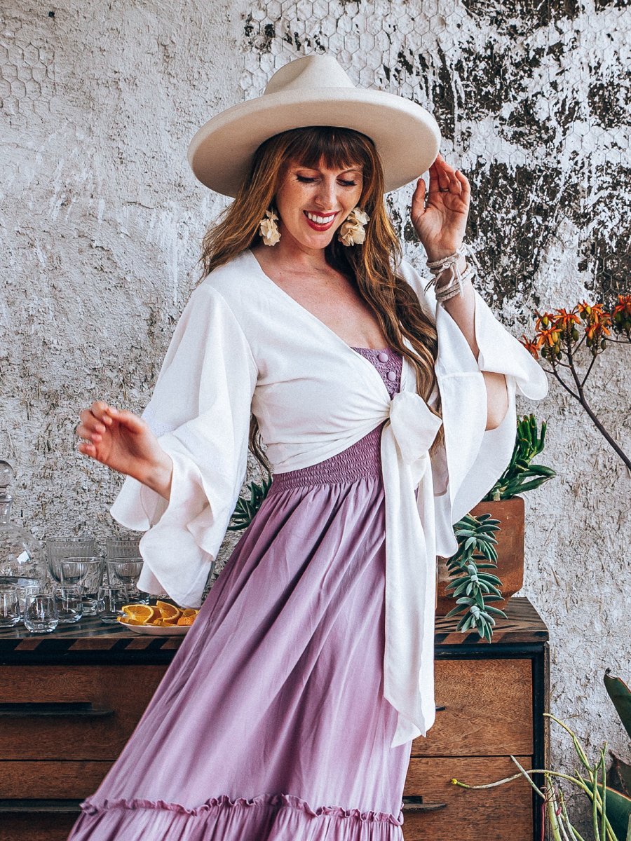 Matilda Wrap Top — Adjustable Tie, Flutter Sleeves — Cocopiña Matilda Wrap Top — Adjustable Tie, Flutter Sleeves — Cocopiña